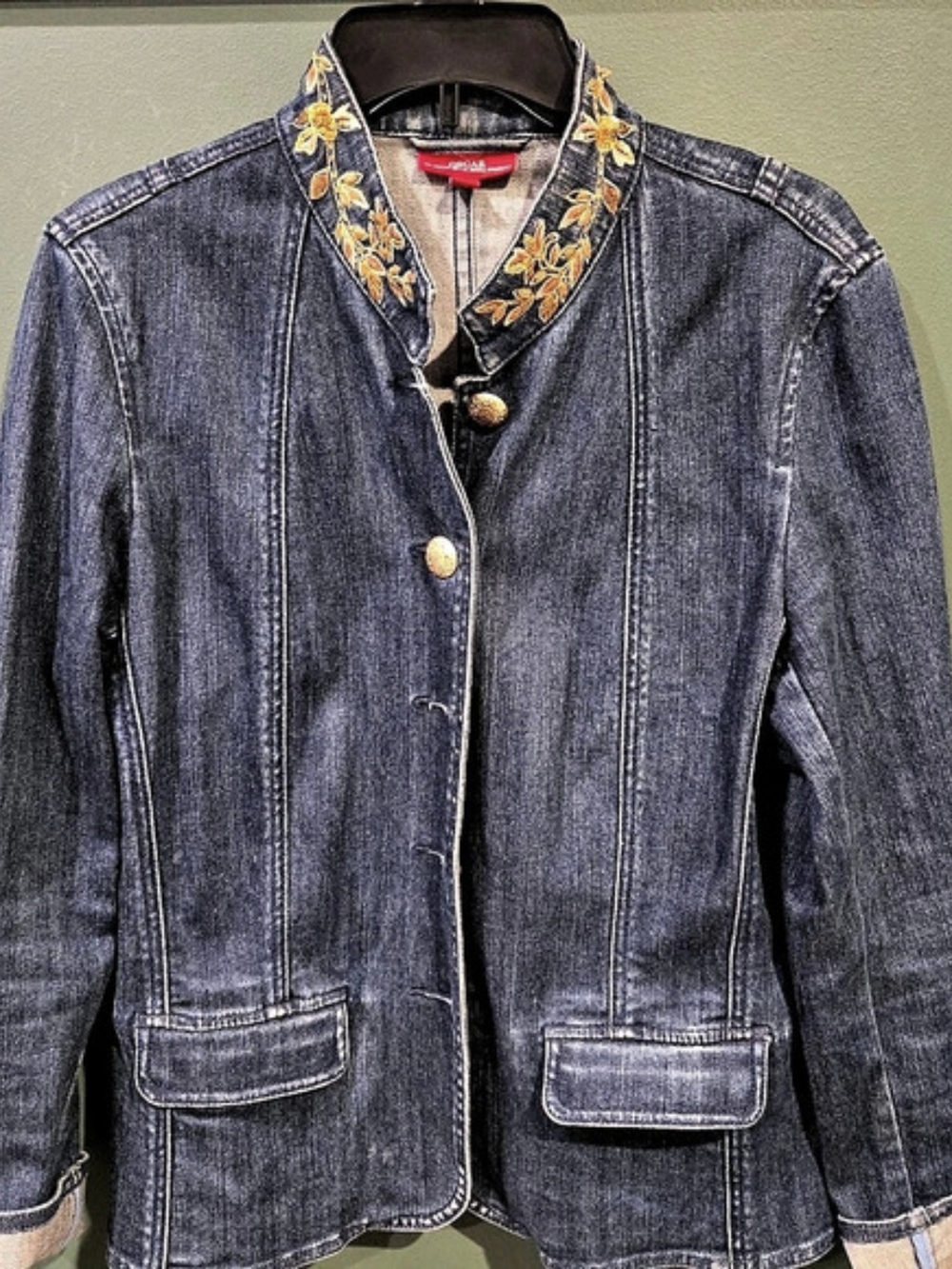 Oscar de la Renta Gold Floral Embroidered Denim Jacket Size 14-Military Style